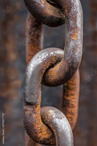 A close-up view of a rusty, weathered metal chain, emphasizing the texture and worn links.