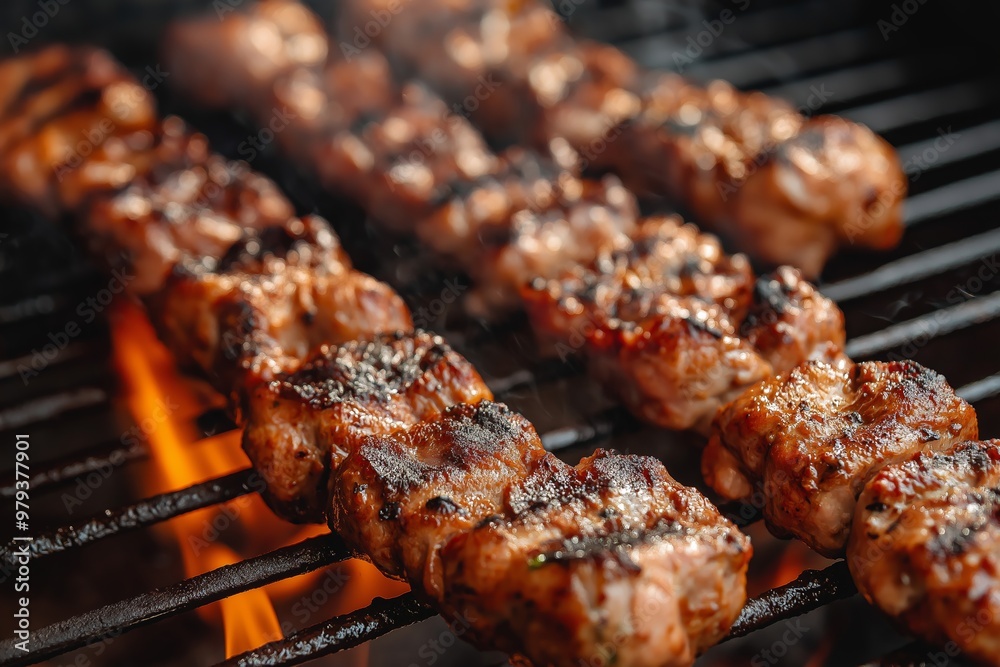 Close-up of delicious juicy meat skewers being grilled on a barbecue, showcasing their texture and grill marks. Close-up of delicious juicy meat skewers being grilled on a barbecue, showcasing their texture and grill marks.