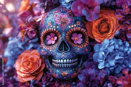 A vibrant sugar skull surrounded by colorful flowers, ideal for Halloween and Día de los Muertos celebrations. Perfect for festive decorations with copy space.