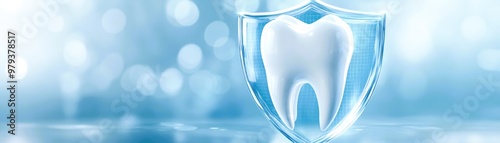 Tooth surrounded by shield on blurred background with bokeh, banner, tooth protection concept