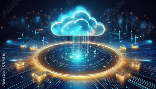 A cloud computing concept with a golden cloud symbol connected to a global network of interconnected lines and nodes, representing the interconnectedness of cloud-based technologies worldwide.