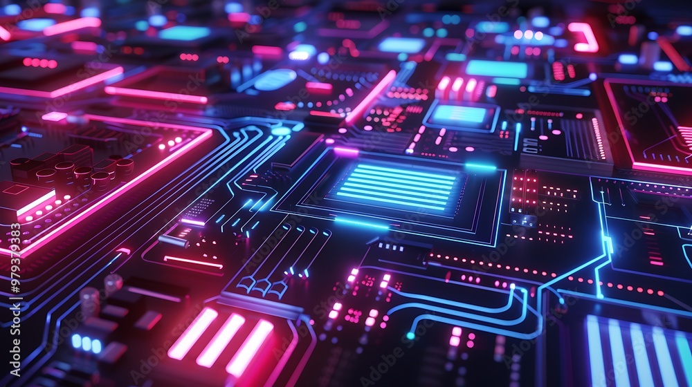 Close-up of a circuit board with glowing neon lights, representing the power of technology and innovation. Close-up of a circuit board with glowing neon lights, representing the power of technology and innovation.