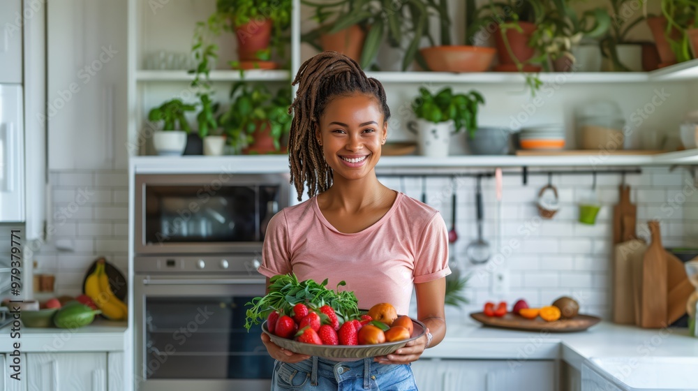 Smiling Young Woman with Dreadlocks Holding Fresh Fruit in a Modern Kitchen Filled with Green Plants Smiling Young Woman with Dreadlocks Holding Fresh Fruit in a Modern Kitchen Filled with Green Plants