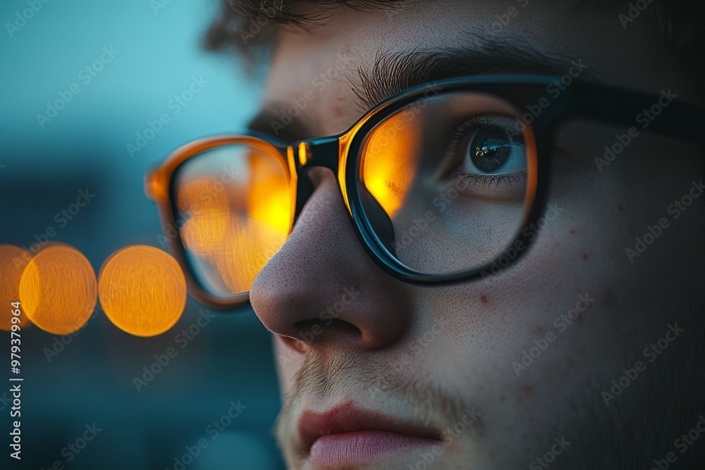 Close up portrait of a man wearing reflective glasses gazing into a soft glowing light symbolizing introspection personal reflection and the contemplation of ideas in a calm modern setting Close up portrait of a man wearing reflective glasses gazing into a soft glowing light symbolizing introspection personal reflection and the contemplation of ideas in a calm modern setting