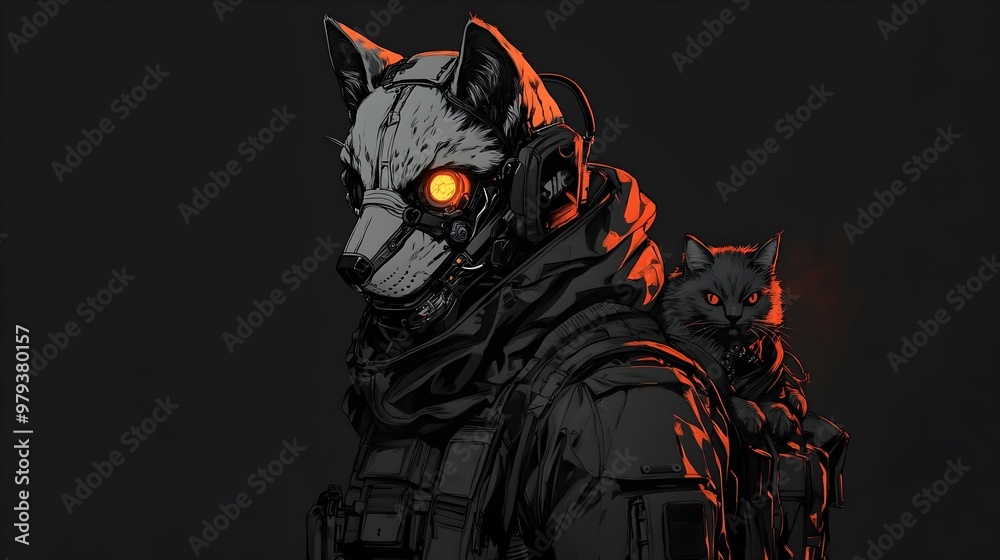 Lone Mercenary in Cybernetic Wolf Mask with Shadowed Tactical Outfit and Feline Companion in Neo-Noir Atmosphere Lone Mercenary in Cybernetic Wolf Mask with Shadowed Tactical Outfit and Feline Companion in Neo-Noir Atmosphere