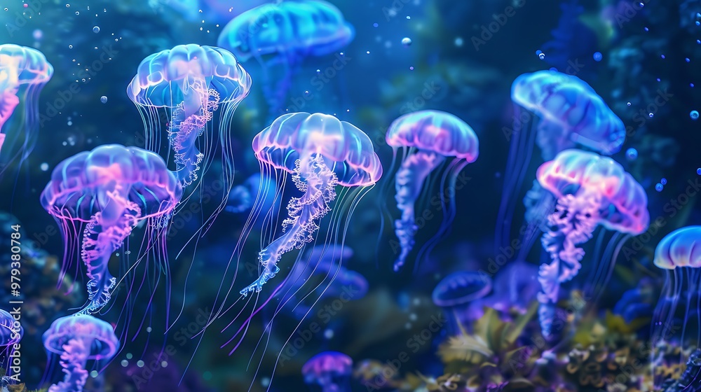Group of jellyfish float gracefully in the ocean, their bodies glowing with bioluminescent light. Group of jellyfish float gracefully in the ocean, their bodies glowing with bioluminescent light.