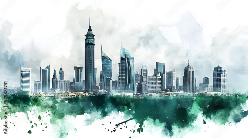 Obraz premium Arabic skyline. Saudi Arabia poster illustration with modern city skyline in watercolor style.