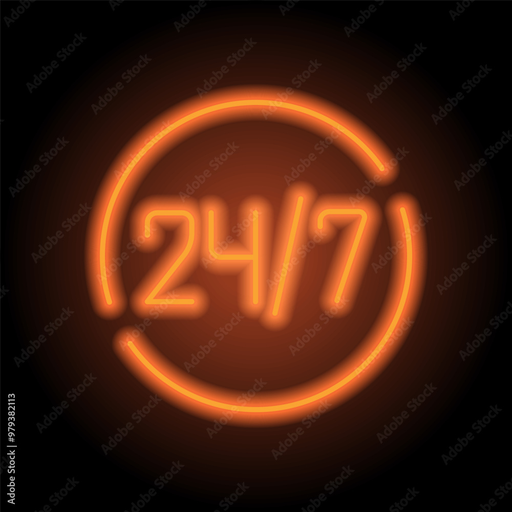 24h hours a day and 7 days a week simple icon vector. Flat design. Orange neon on black background 24h hours a day and 7 days a week simple icon vector. Flat design. Orange neon on black background