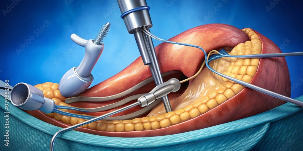 Detailed illustration of the stapling process during a laparoscopic cholecystectomy, with the staples being applied to the gallbladder duct Detailed illustration of the stapling process during a laparoscopic cholecystectomy, with the staples being applied to the gallbladder duct