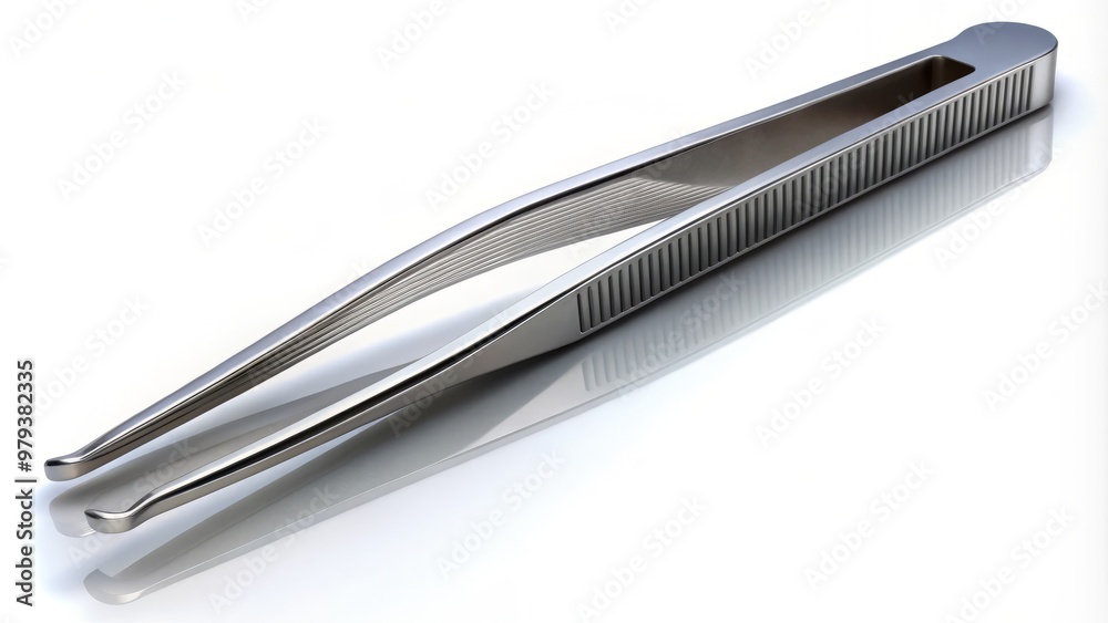 Sleek stainless steel forceps on a clean white background with subtle gradient effect to enhance reflection and accuracy of the instrument's texture and material. Sleek stainless steel forceps on a clean white background with subtle gradient effect to enhance reflection and accuracy of the instrument's texture and material.