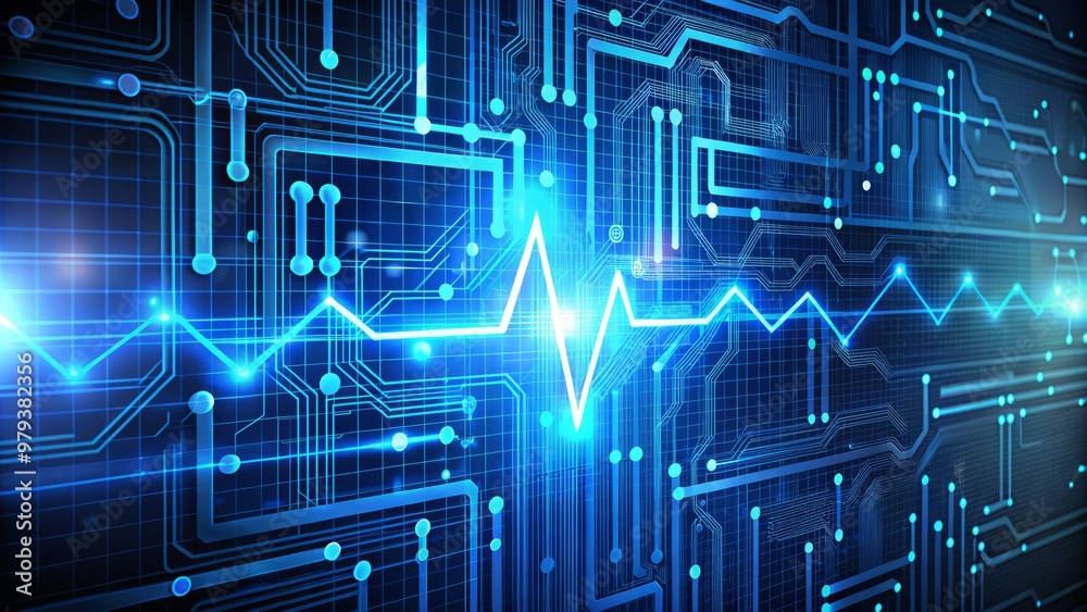 A futuristic digital backdrop with a 3D representation of an ECG waveform, focusing on the QRS duration segment in bright blue, surrounded by subtle A futuristic digital backdrop with a 3D representation of an ECG waveform, focusing on the QRS duration segment in bright blue, surrounded by subtle