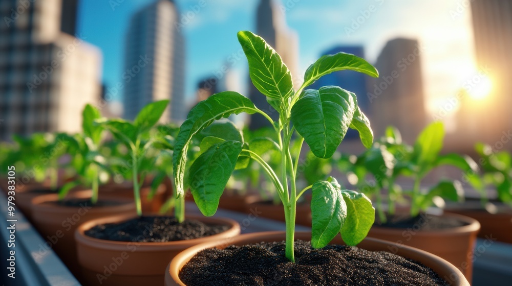 A close up of a plant in pots with dirt and sunlight, AI