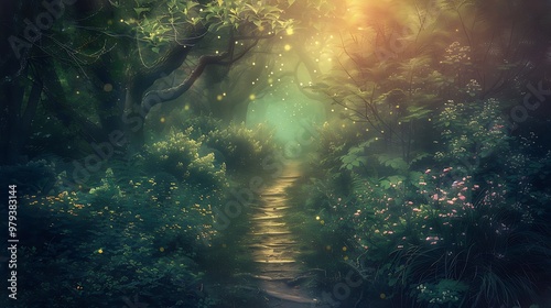 Mysterious path leads through a dense, enchanted forest, bathed in warm sunlight and ethereal light.