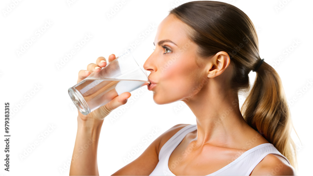 Woman drinking water isolated on transparent background, healthy lifestyle and hydration Woman drinking water isolated on transparent background, healthy lifestyle and hydration