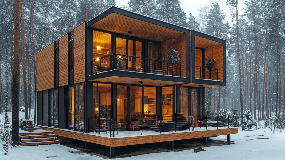 Obraz premium Modern wooden house in snowy forest with warm lighting from windows