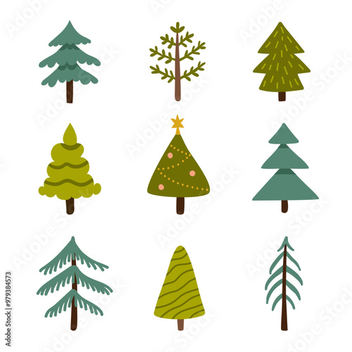 Set of different fir trees, Christmas tree. Hand drawn collection of trees. 