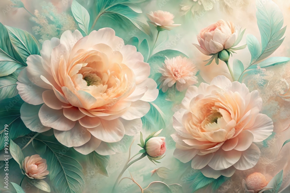 Delicate, blooming fractals in a palette of soft peach and mint, unfolding like flowers, set against a dreamy, watercolor-inspired background with feathery textures and subtle color gradients Delicate, blooming fractals in a palette of soft peach and mint, unfolding like flowers, set against a dreamy, watercolor-inspired background with feathery textures and subtle color gradients