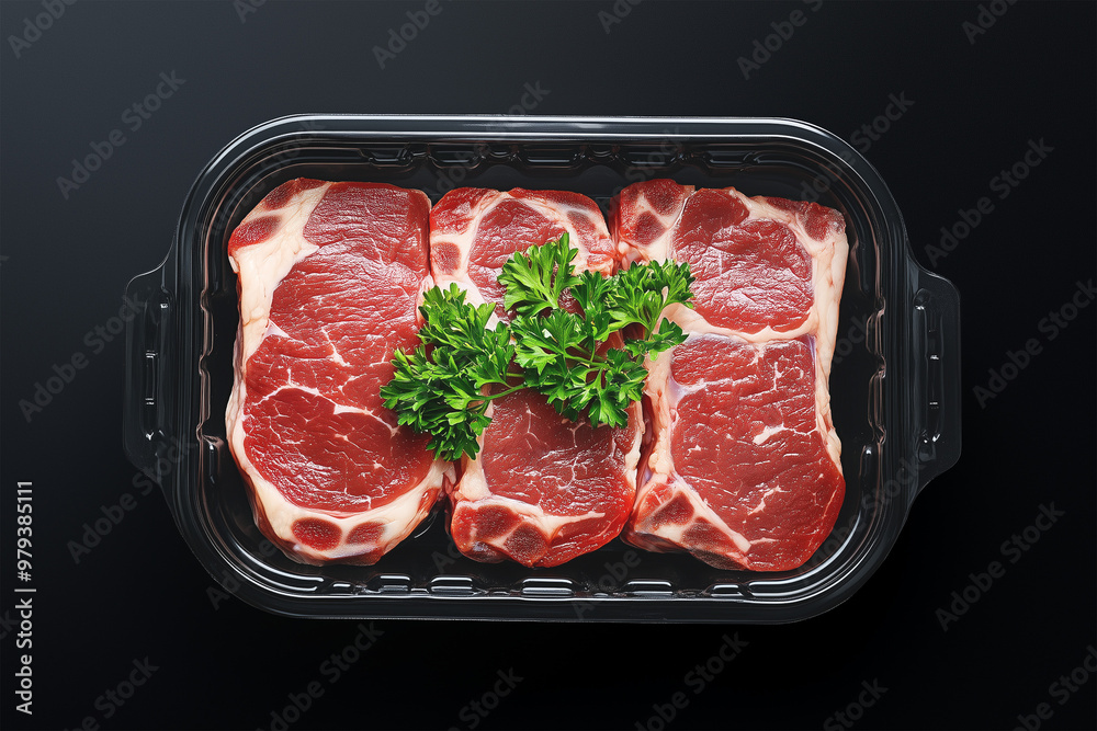 Beef meat steak in black plastic packaging with empty space for label. Raw beef meat in plastic box tray Beef meat steak in black plastic packaging with empty space for label. Raw beef meat in plastic box tray