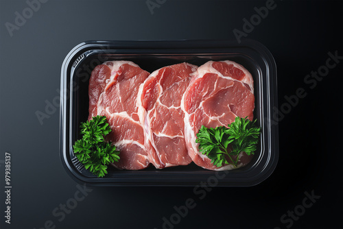Pork steak in black plastic packaging with empty space for label. Raw pork meat in plastic box tray