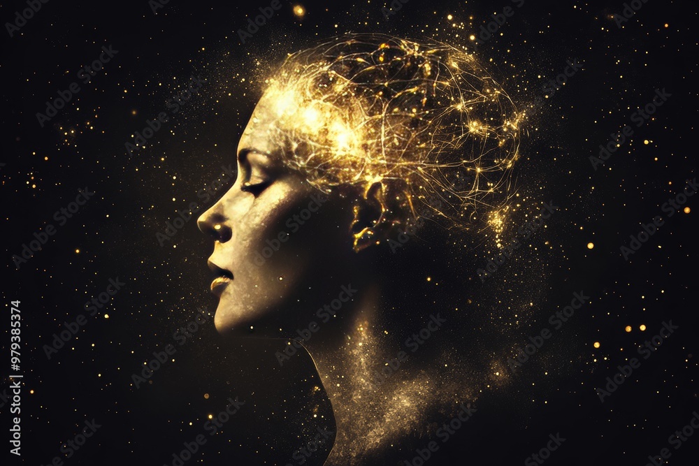 Female profile with golden energy tendrils flowing from her head symbolizing abstract thought cosmic connectivity and the vast network of the human mind