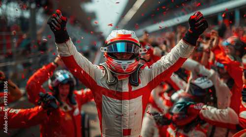Formula 1 Champion Celebrating Victory with Team and Champagne in Winning Moment