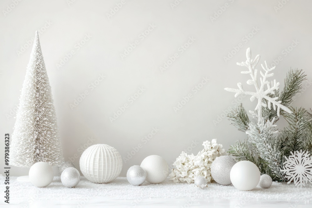 White Christmas Decor with Snow-Covered Pine Branches and Ornaments White Christmas Decor with Snow-Covered Pine Branches and Ornaments