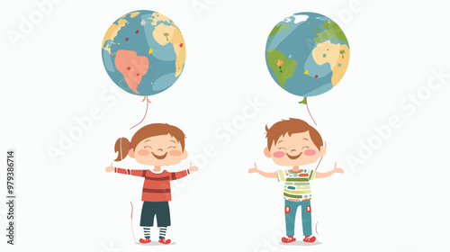 Children Holding Earth Balloon Vector Illustration