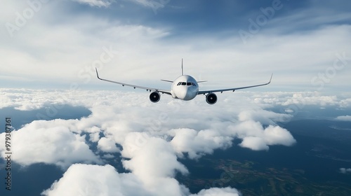 Soaring Through a Sea of Clouds: A majestic passenger airplane ascends above a breathtaking vista of fluffy clouds, embodying the spirit of adventure and freedom found in air travel. 