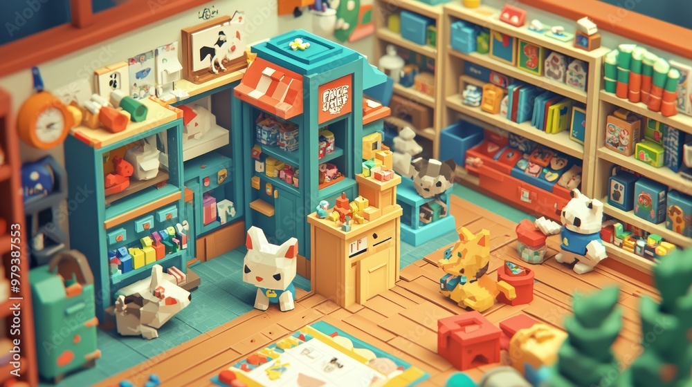 Pixelated Charm: 3D Cube Pet Shop with Playful Animals and Smiling Customers Pixelated Charm: 3D Cube Pet Shop with Playful Animals and Smiling Customers