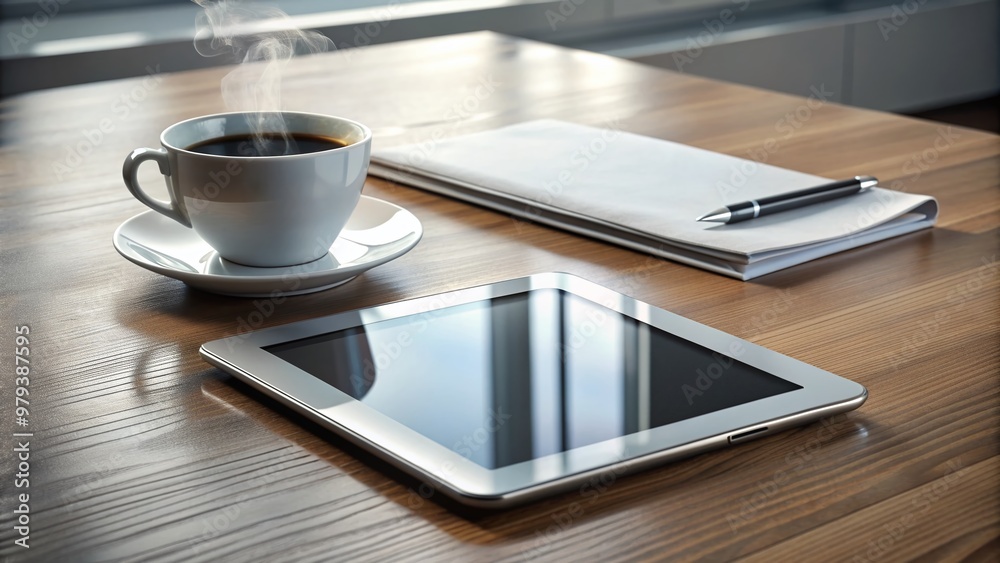 A sleek, silver tablet computer lies on a modern, minimalist desk, surrounded by scattered papers and a cup of steaming hot coffee. A sleek, silver tablet computer lies on a modern, minimalist desk, surrounded by scattered papers and a cup of steaming hot coffee.