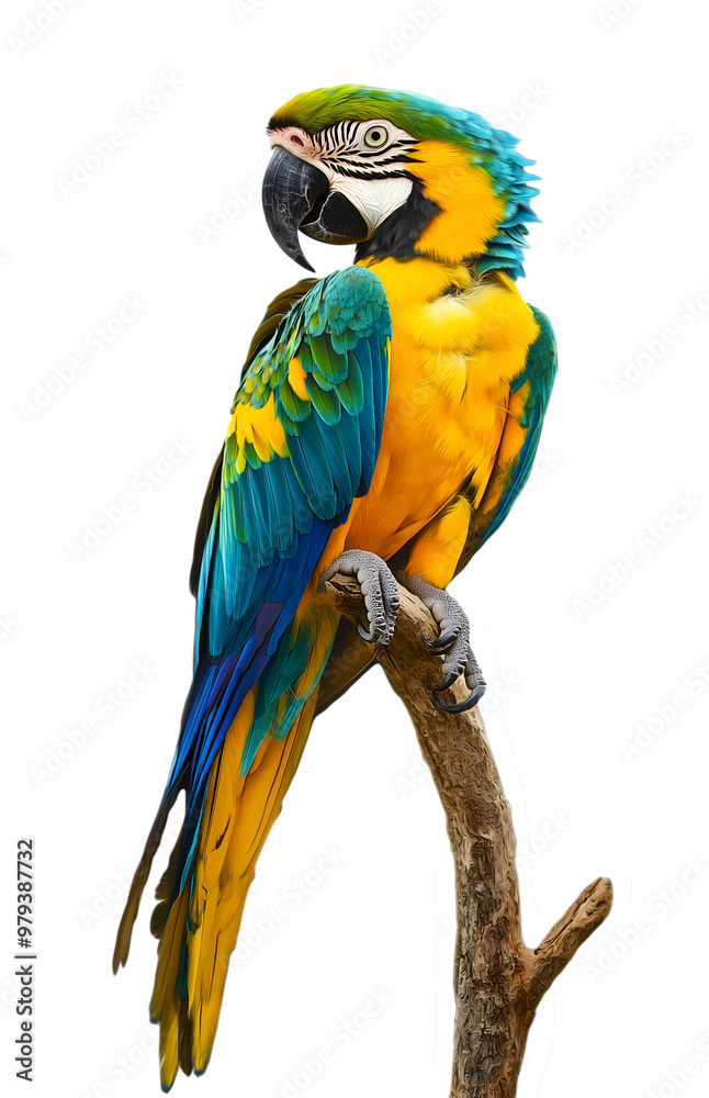 Fototapeta premium Colorful macaw parrot perched on a branch, displaying brilliant blue and yellow feathers, isolated on a white background, Cutout, Isolated on White Background