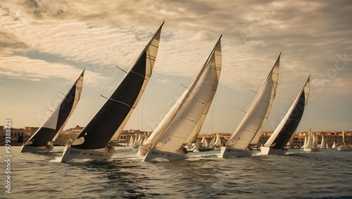 Sailboats Competing in Regatta Near Brindisi Under a Blue Cloudless Sky, Featuring White and Black Sails in Dynamic Marine Racing Scene, Photo