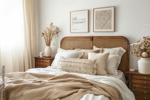 Cozy and elegant neutral-toned bedroom with rattan headboard and layered textured pillows, featuring minimalist wall art