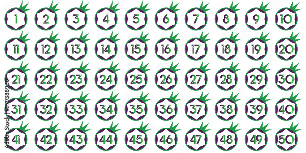 Numbers, 1 to 50 premium purple green king crown circle Numbers, 1 to 50 premium purple green king crown circle