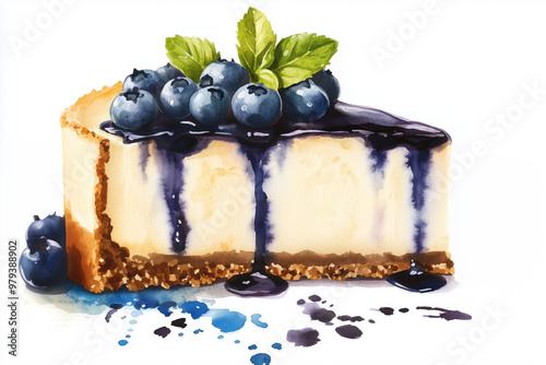 Wallpaper Mural Piece of cheesecake with blueberries and mint isolated on white. Classic cheesecake watercolor illustration isolated on white background. Torontodigital.ca