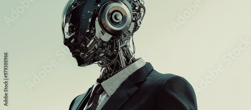 A robotic figure in a suit offers assistance symbolizing the fast paced integration of technology and modern design representing the future of work in a mixed media style photo