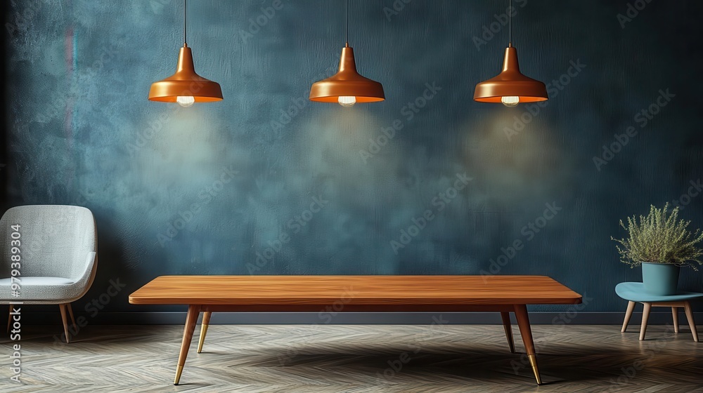 Sleek oak coffee table with retro brass legs, pendant lights softly illuminating a mid-century modern room with vintage decor accents, Oak coffee table Sleek oak coffee table with retro brass legs, pendant lights softly illuminating a mid-century modern room with vintage decor accents, Oak coffee table