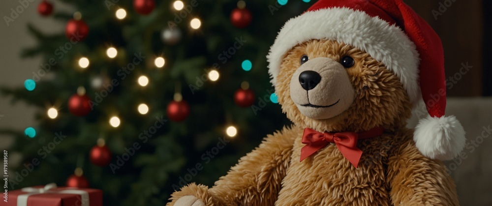 A vertical shot of a smiling teddy bear, wearing a Santa hat, sitting in front of a glowing Christmas tree A vertical shot of a smiling teddy bear, wearing a Santa hat, sitting in front of a glowing Christmas tree