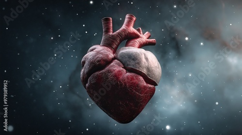 Cosmic Heartbreak: A realistic anatomical heart, fractured and adrift in the vast expanse of space, evokes profound sorrow and the weight of lost love. 