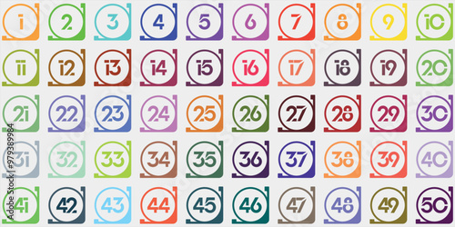 Numbers, 1 to 50 colorful corner circles for kids premium white