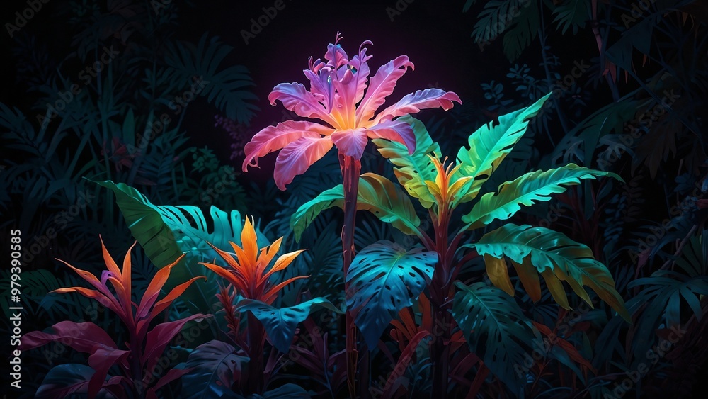 Abstract Neon Shiny Flowers on Black Background, Vibrant and Beautiful Abstract Neon Shiny Flowers on Black Background, Vibrant and Beautiful