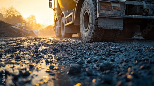 Heavy construction truck on muddy road at sunrise