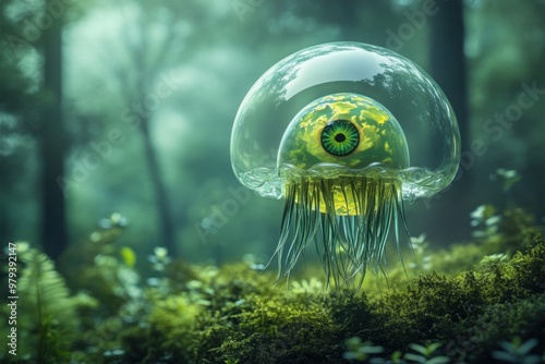 A giant transparent glass jellyfish like alien with eye with green and yellow patterns inside floating in the air above a mossy forest.  photo