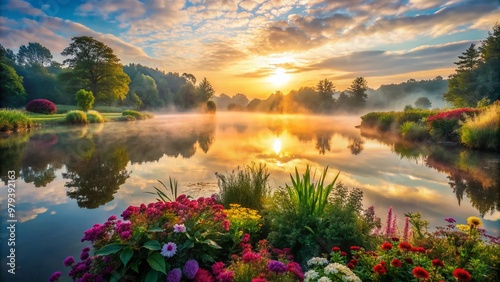 Serene landscape of a misty morning sunrise over a tranquil lake, surrounded by lush greenery and vibrant flowers, exuding a sense of calm and serenity. photo