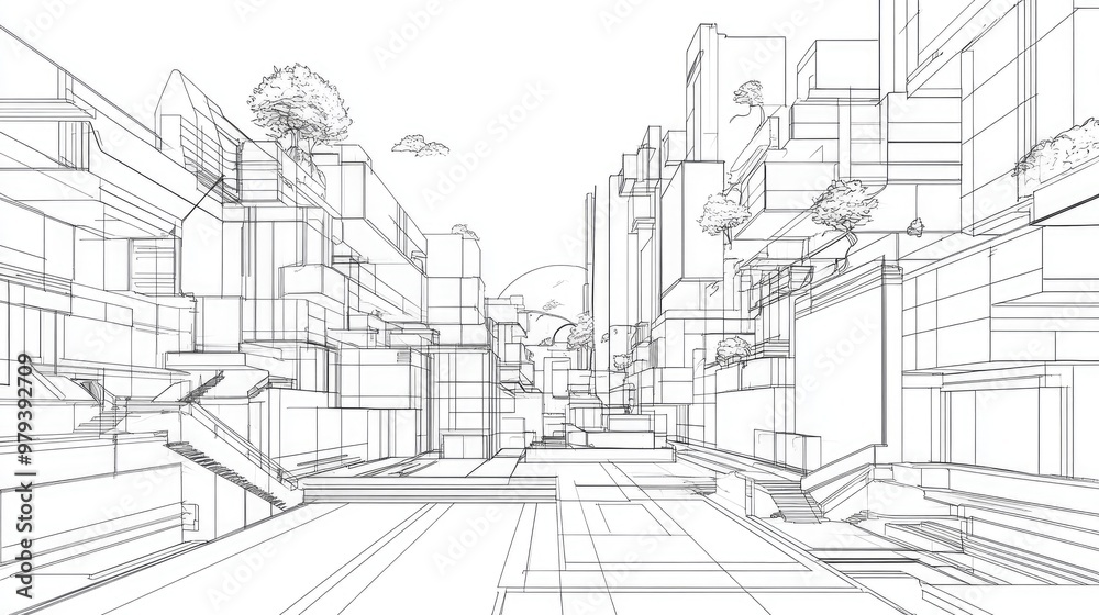 Line art depiction of architectural concept featuring a 3D illustration Line art depiction of architectural concept featuring a 3D illustration