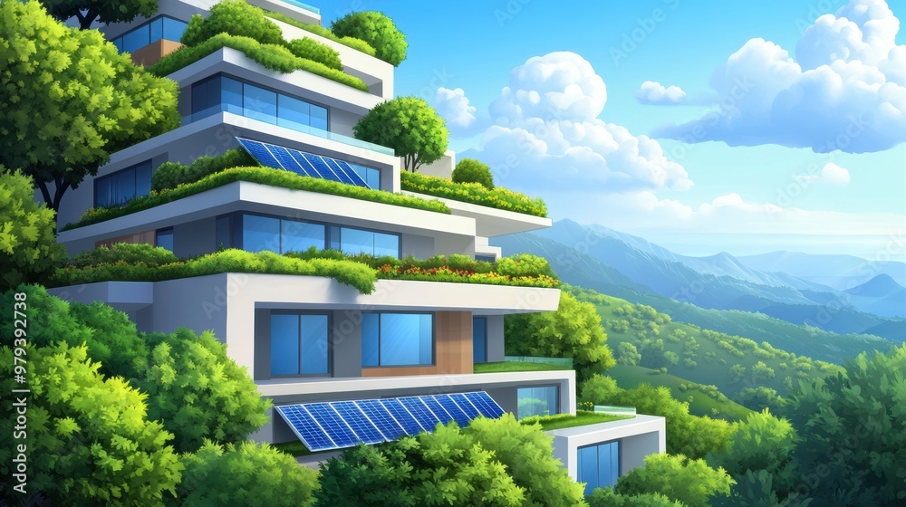 A building with solar panels on the roof and trees in front, AI A building with solar panels on the roof and trees in front, AI