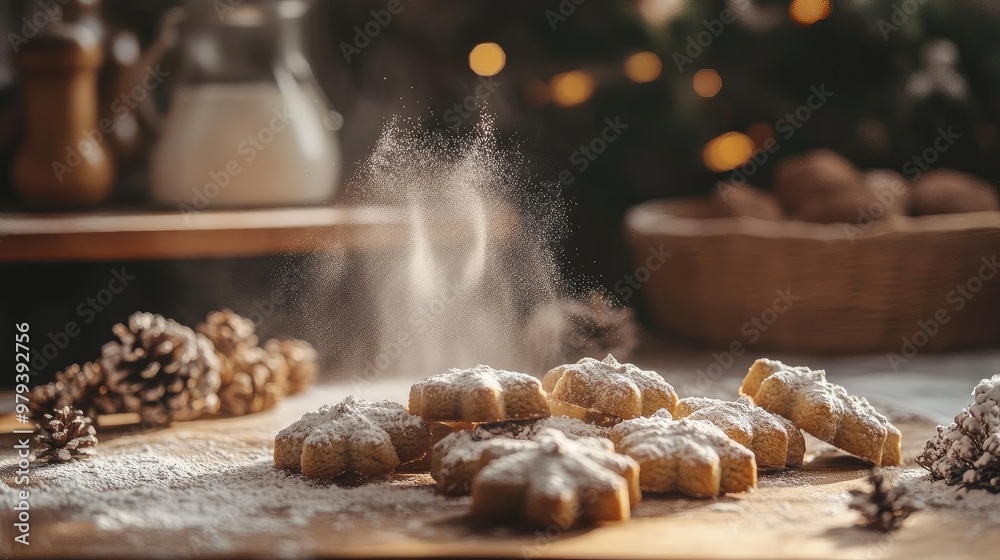 Freshly baked cookies dusted with powdered sugar, surrounded by festive decorations, perfect for holiday celebrations. Freshly baked cookies dusted with powdered sugar, surrounded by festive decorations, perfect for holiday celebrations.
