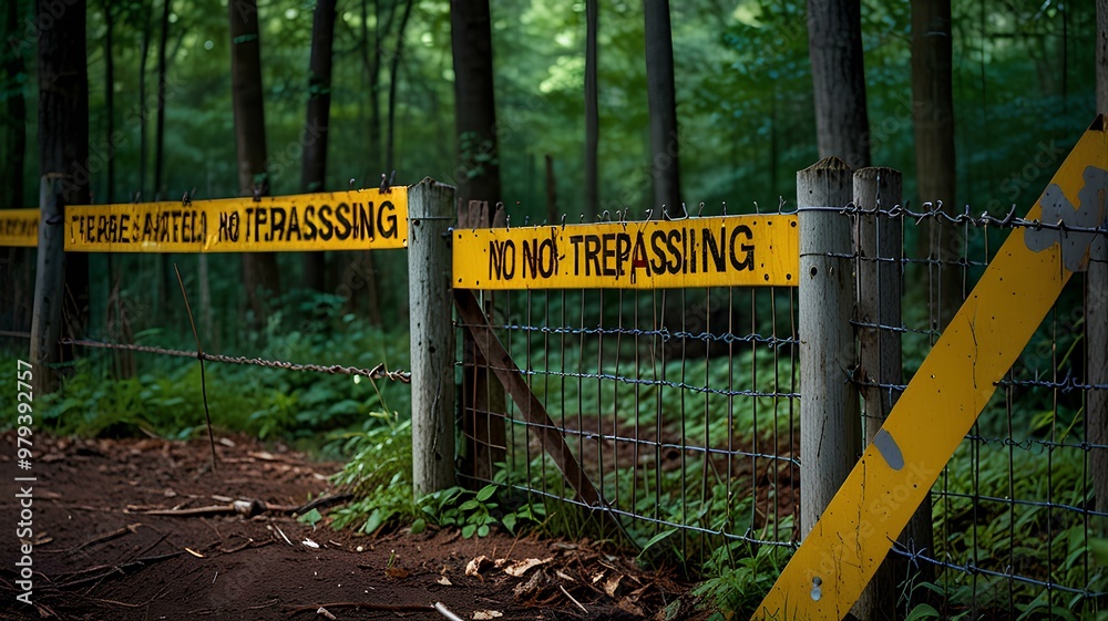 Fototapeta premium fence marked no trespassing, restricted area in the forest.