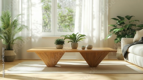 Modern bamboo coffee table with sharp, angular lines, surrounded by potted plants and eco-friendly fabrics in a bright, natural-lit living room, bamboo coffee table