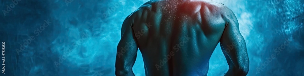 A muscular male back illuminated by dramatic lighting, showcasing strength and resilience against a mystical backdrop. A muscular male back illuminated by dramatic lighting, showcasing strength and resilience against a mystical backdrop.